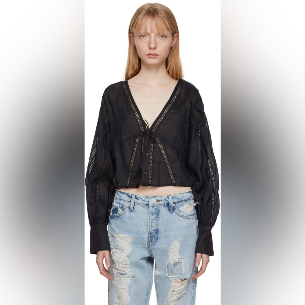NWT FRAME Inset Lace Ramie Empire Blouse Black Size XS